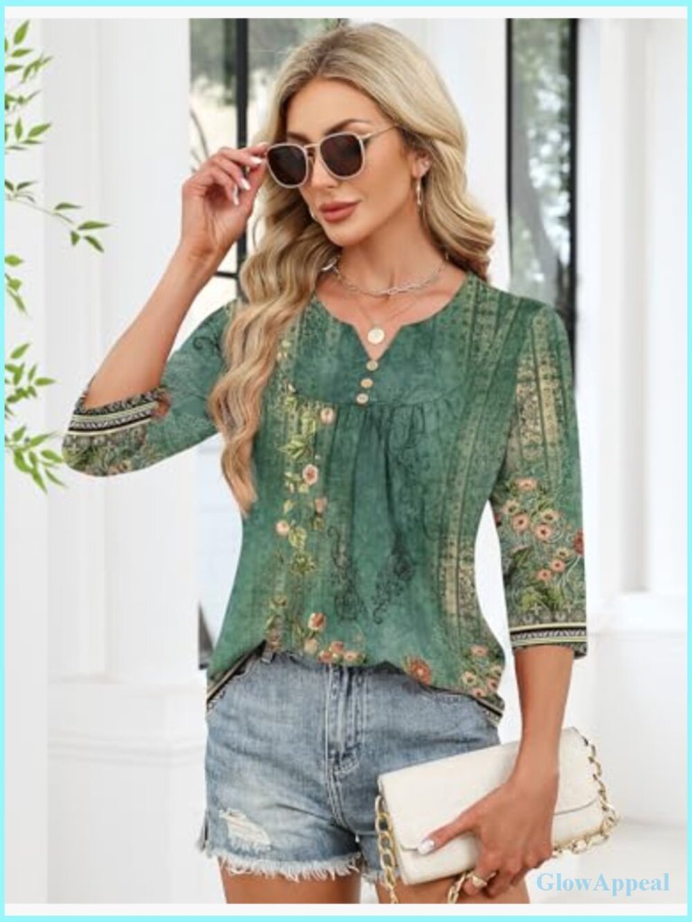 Dressy Casual Henley V Neck Blouse 3/4 Sleeve Loose Fit Tunic Summer Top - Picture 3 of 7